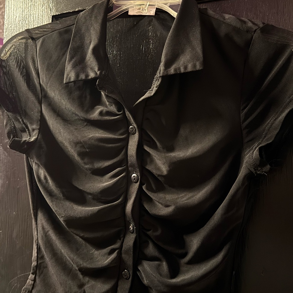Black Mesh Ruched Button-Up Blouse